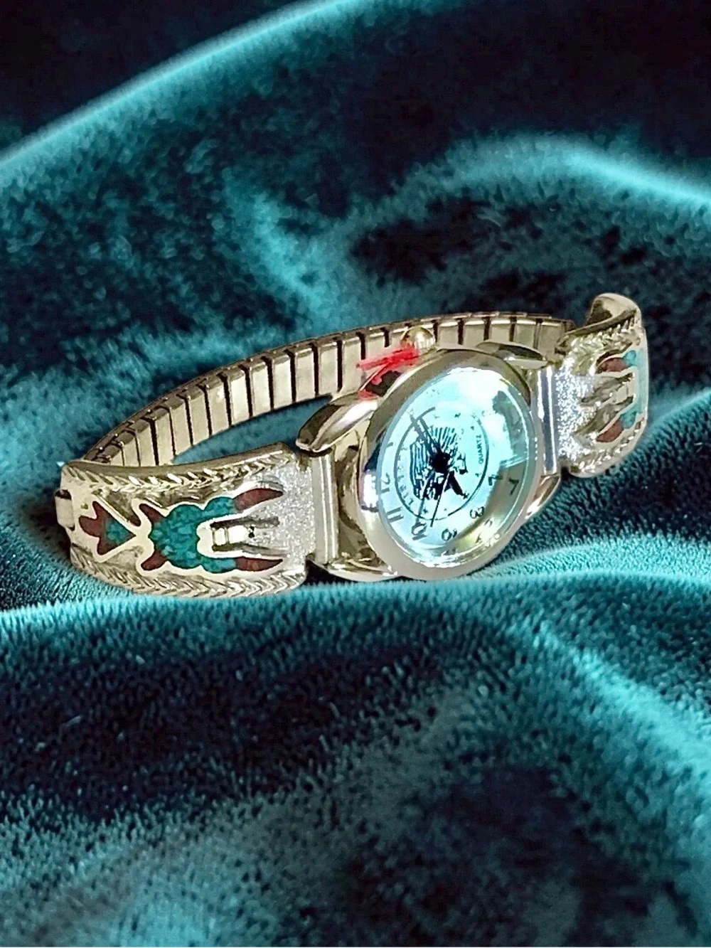 Woman’s Silver Navajo Thunderbird Turquoise/Coral Band Indian Liberty Coin Watch